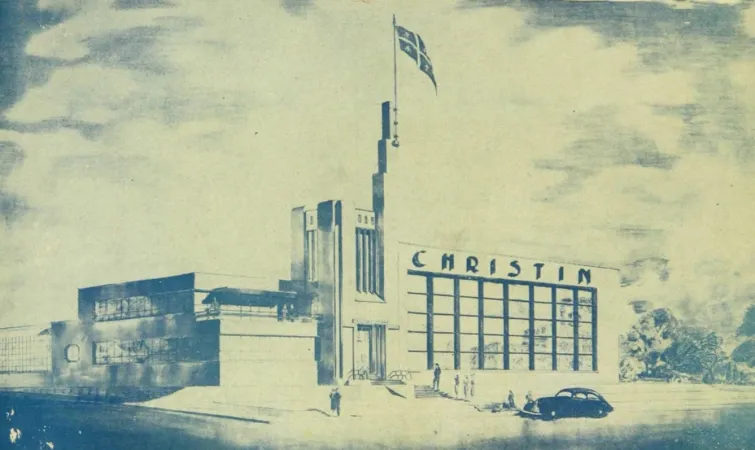 A sketch of the new factory of Christin Limitée of Montréal, Québec. Anon., “–.” Le Mouvement ouvrier, 1948. (Montréal : Éditions de la L.O.C., 1948), 4th cover.