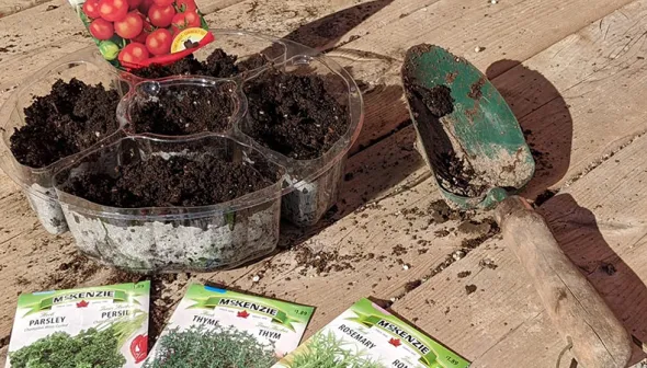 some soil in a plastic container, a shovel and a few seed packets