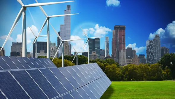 Tall buildings of a city on a sunny day are in the background. In the foreground we can see green lawn with solar panels and wind turbines.