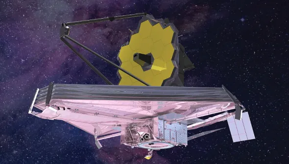 Représentation artistique du télescope spatial James Webb avec ses écrans entièrement déployés dans l’espace lointain.