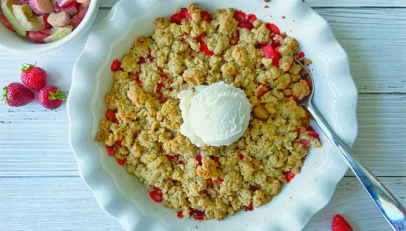 An aerial view shows a bowl of Rhubarb Strawberry Crisp in a white bowl, topped with a scoop of vanilla ice cream. Next to the bowl, a small dish of chopped rhubarb and a few strawberries are visible.