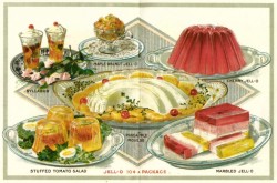  Insert from Jell-O recipe book showing images of syllabub, maple walnut Jell-O, cherry Jell-O, stuffed tomato salad, pineapple mouse, and marbled Jell-O. (“JELLO- 10 c A PACKAGE”)