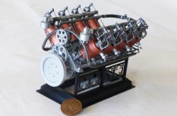 A photo of the finished and freshly painted model of the Curtiss engine