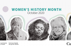 A horizontal banner depicts the faces of five Canadian women in a pencil-sketch style format. The words, “Women’s History Month – October 2020” are visible at the top of the banner.