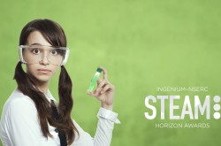 A young girl wears a white shirt and protective glasses, as she holds a beaker of green liquid. The image is set against a lime green backdrop, and the words, “Ingenium-NSERC STEAM Horizon Awards” are visible in white lettering.