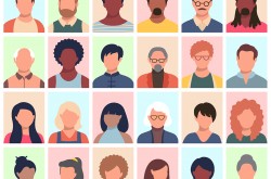 Une illustration colorée de style bande dessinée présente quatre rangées de visages différents, et compte six visages dans chaque rangée. Chaque visage est dépourvu de traits, mais la couleur de la peau, les cheveux et les vêtements sont différents.