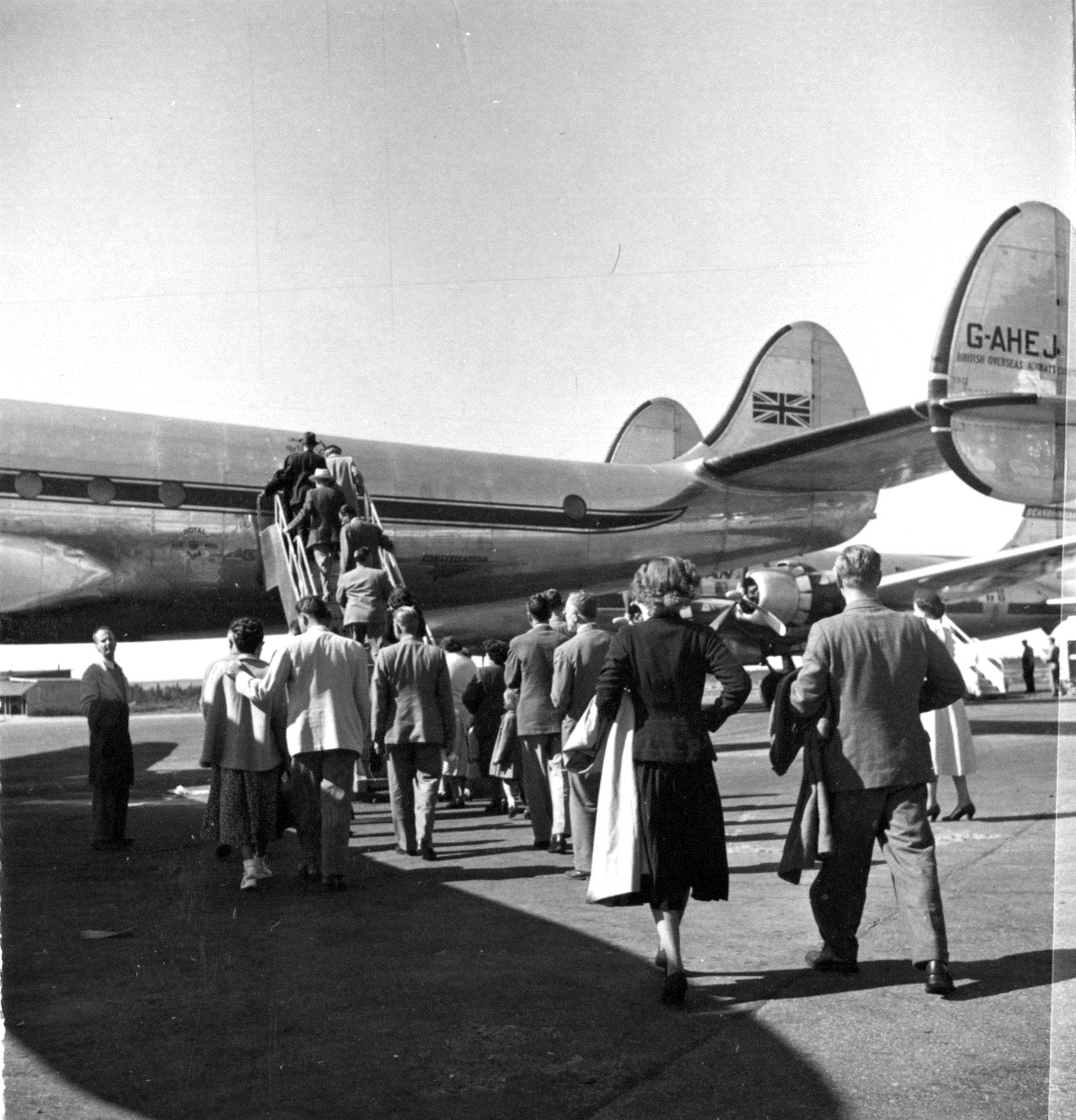 Passengers boarding a British airplane at Gander Airport.