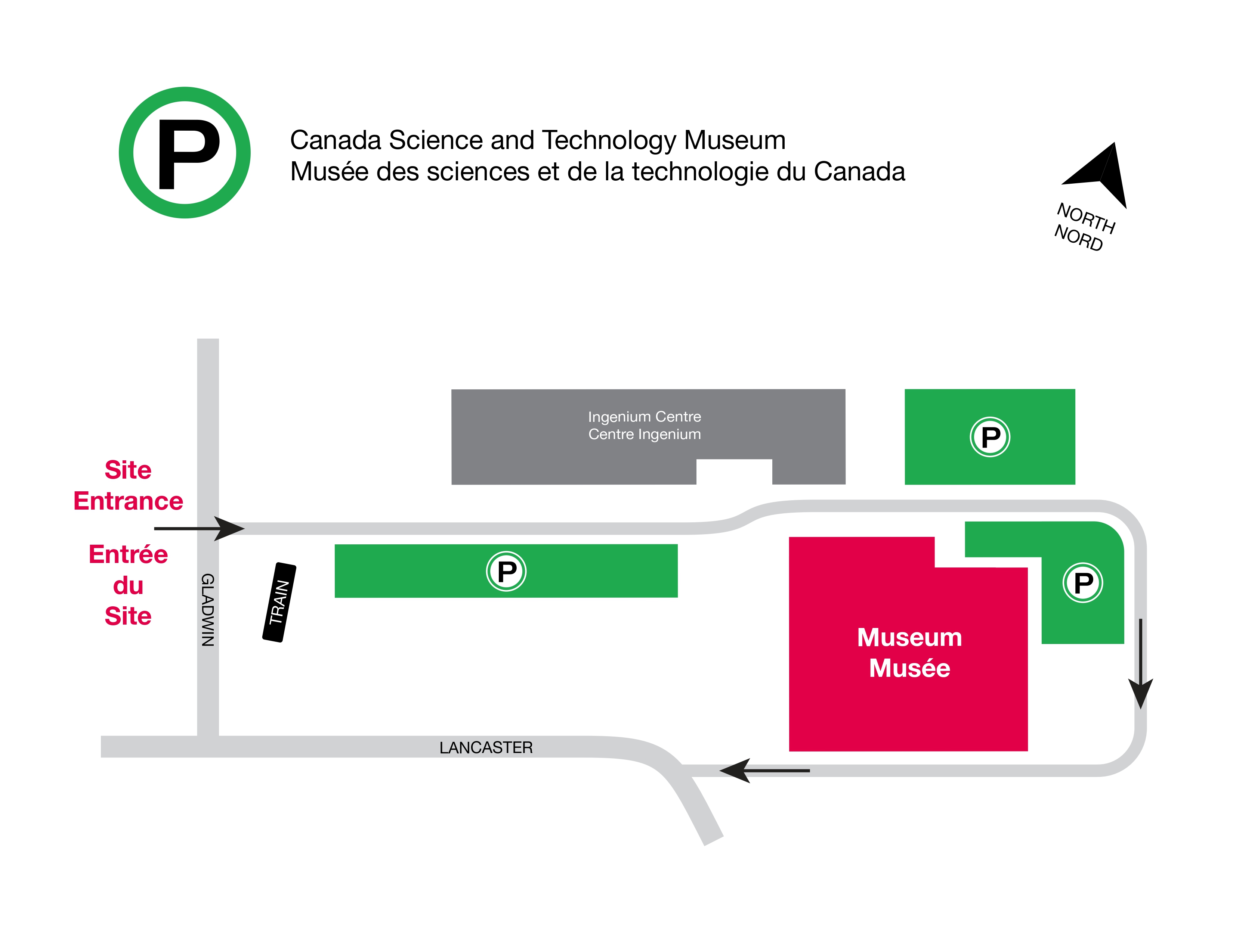 Graphic of a parking map to the museum, indicating the new entrance to the site on Gladwin Crescent. Wayfinding arrows indicate the parking areas on the site, located on the side and back of the museum. 