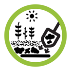 In a green circle, a graphical illustration depicts a shovel adding compost to a garden.