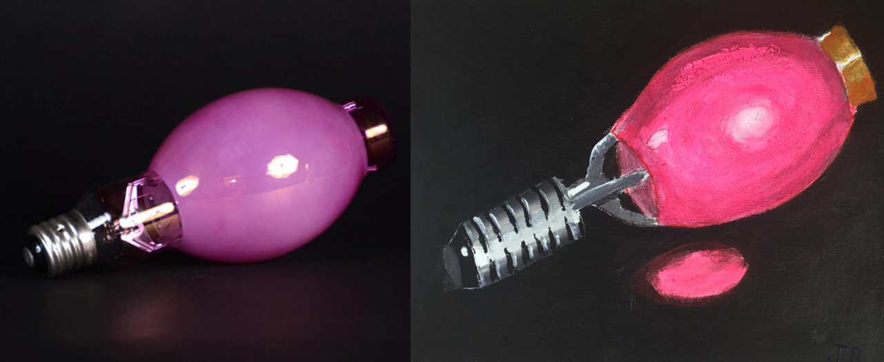 A child’s drawing of the Sylvania "Banner H33" Mercury Light Bulb, side-by-side with an image of the artifact.