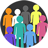 A circular icon with an illustration of eight silhouettes of people in a variety of colours standing together in a group