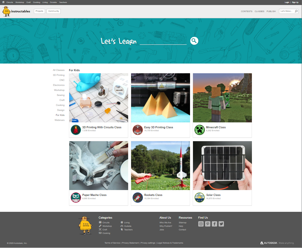 Instructable website, selection of kids classes
