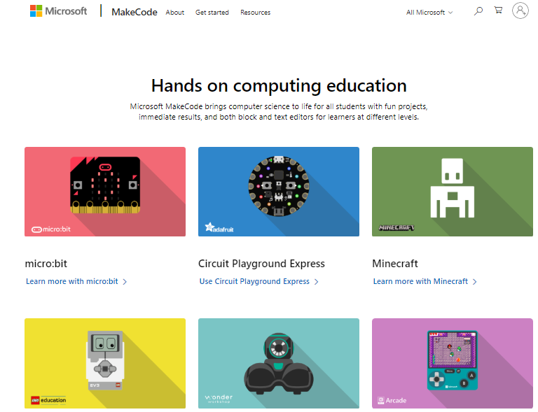 Page de destination du site Web Microsoft MakeCode où vous choisissez pour quel appareil vous voulez coder