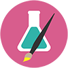 A circular icon with an illustration of an Erlenmeyer flask with and a paintbrush