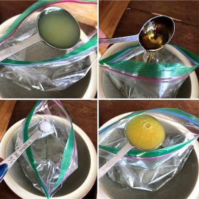 A spliced image is divided into four quadrants. Each shows a different ingredient being poured into a plastic sandwich bag with a metal spoon.