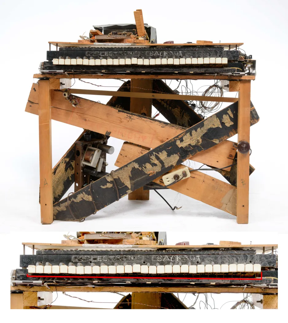 Two photos of the Electronic Sackbut. Above shows a front-facing view of the full instrument, including its wooden support structure, keyboard, and surface controls. Below shows just the keyboard frame, highlighting its keyboard and the warped wooden key bed underneath. 