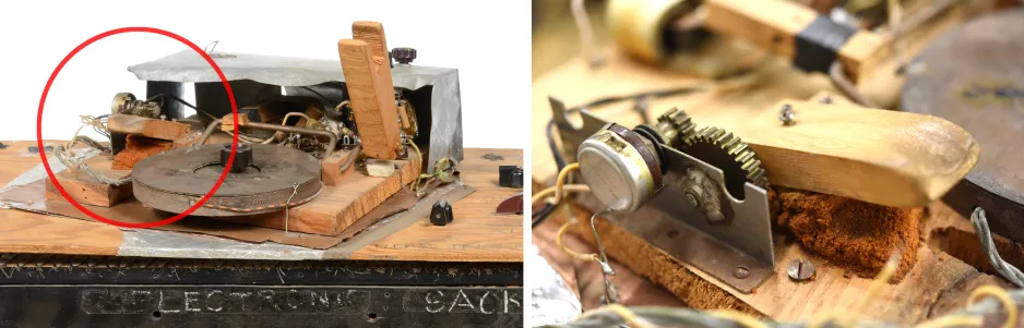 Two photos of the Electronic Sackbut. Left shows the left-hand control module on the surface of the instrument. Right shows just the wooden pinky finger control lever, with remnants of orange sponge underneath.