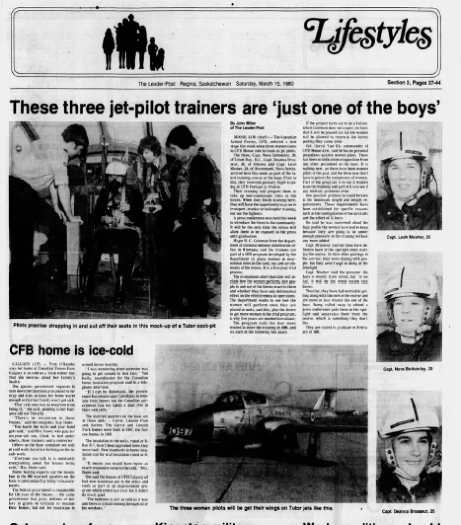 A black-and-white front-page newspaper clipping. The main headline reads: “These three jet-pilot trainers are ‘just one of the boys.’” Images show women undergoing training as pilots in the Canadian air force. 