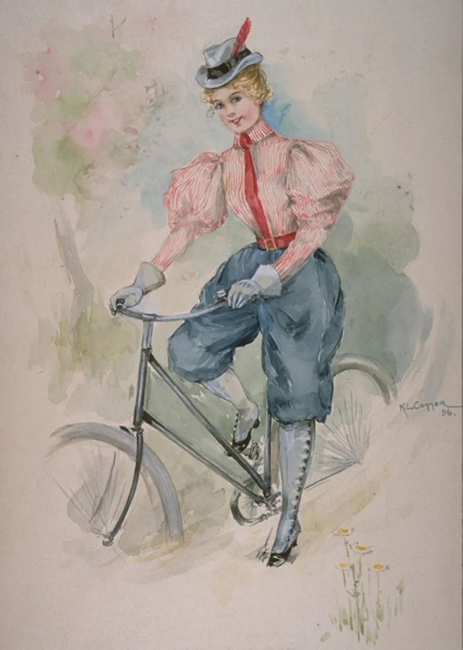 A painting of a lady wearing pants on a bicycle, made in 1896. 
