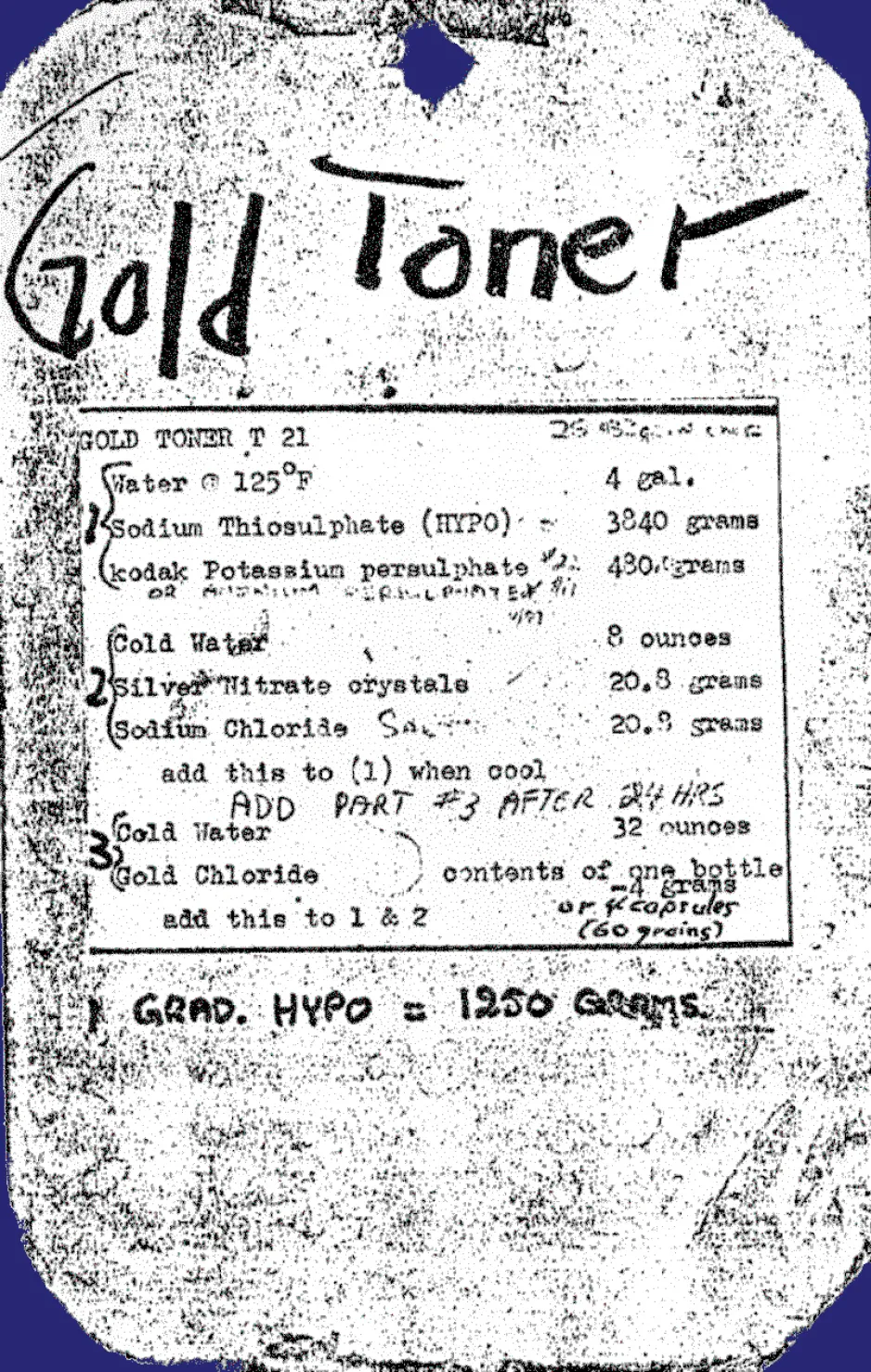 A copy of Karsh’s recipe for the gold toner with his handwritten notes 