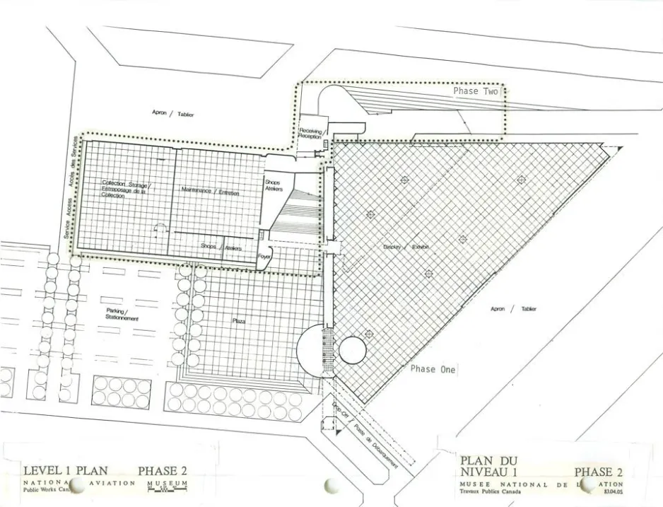 Plans du niveau 1 illustrant la phase 2 de la construction du Musée national de l’aviation. 