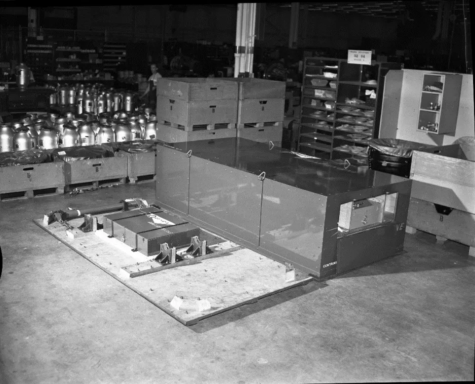 Photograph of a storeroom with Orenda gas turbine engine parts