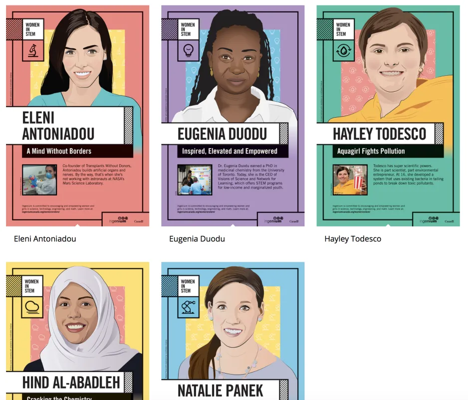 A series of colourful posters of Women in STEM careers including Eleni Antoniadou, Eugenia Duodu, and Hayley Todesco