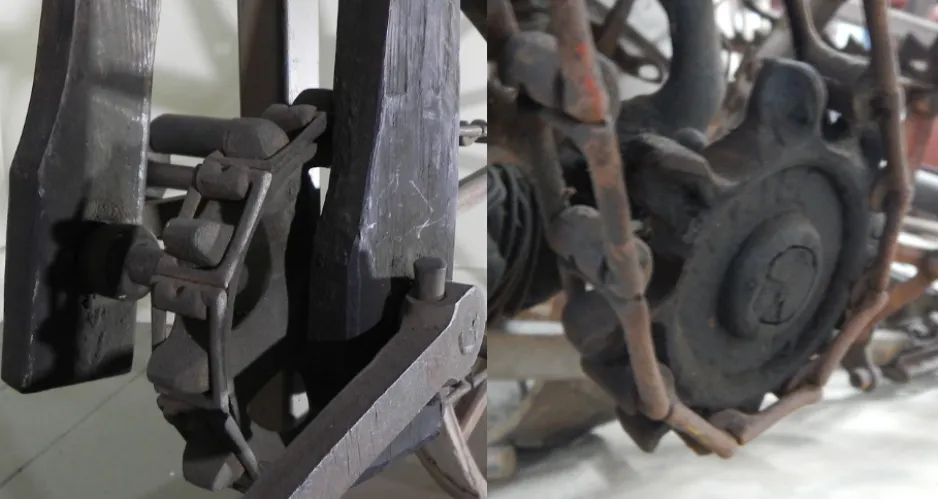 Two images side-by-side comparing the chain and gears on the wooden bicycle and a hay binder. 