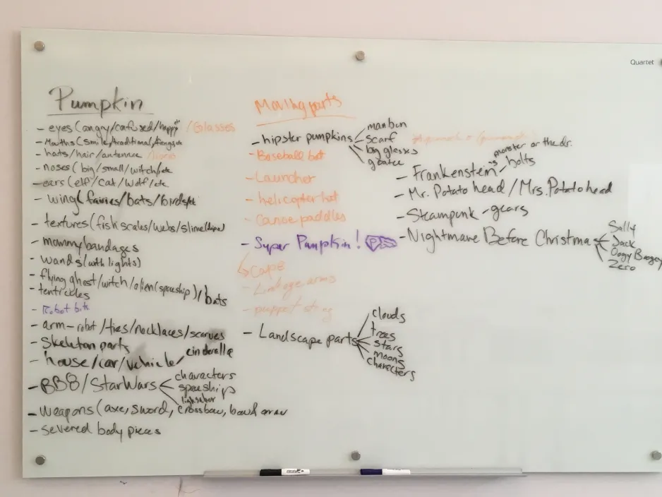 A white board with lots of ideas of themes, pieces, and moving parts for the engineered pumpkins 