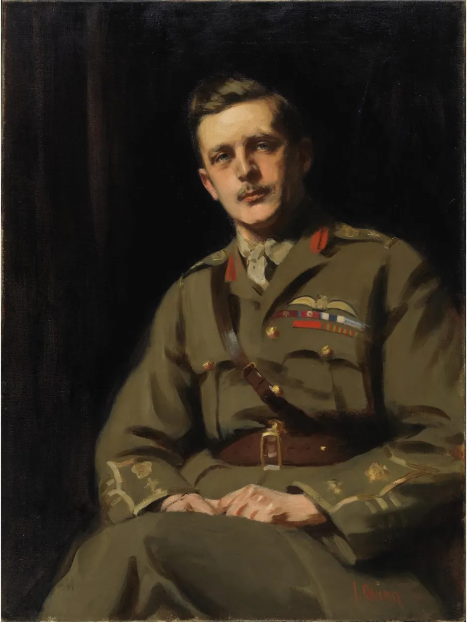 An artist’s painting of William Avery Bishop in uniform, against a black background.