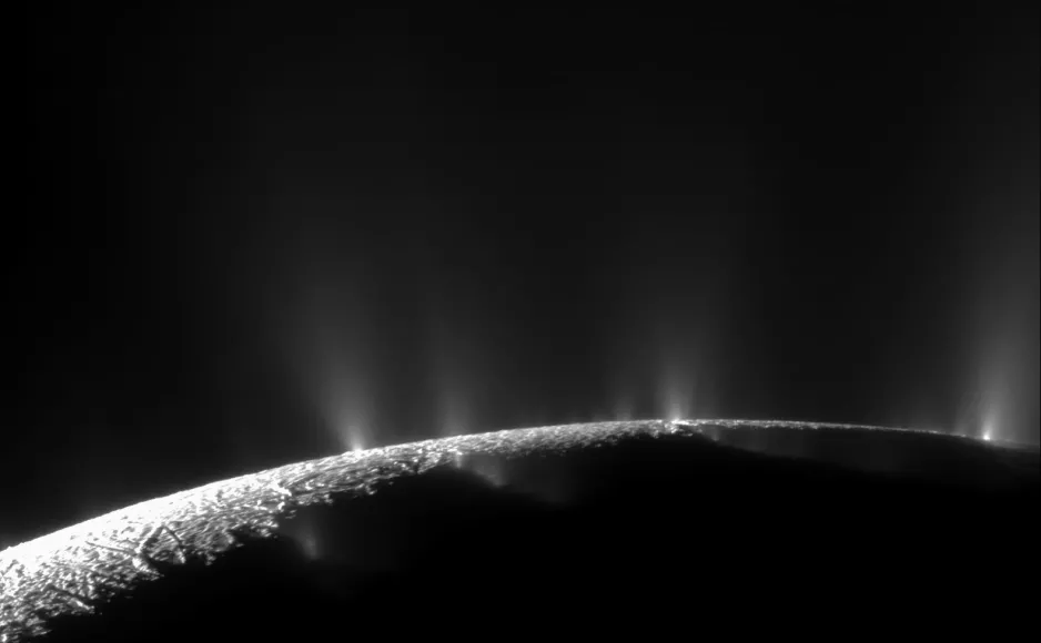 Taken by the Cassini Spacecraft, this image shows the water geysers of Enceladus