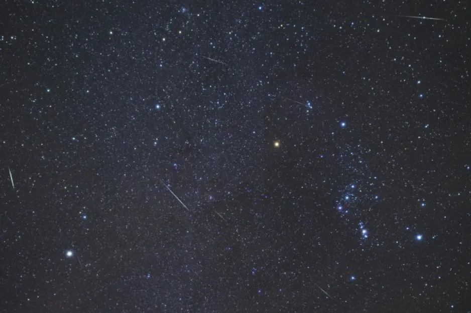 Image d’un ciel nocturne montrant la constellation d’Orion, bien en évidence, et les lignes que tracent plusieurs météores.
