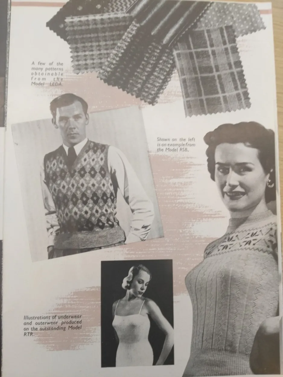 Publicité sur laquelle trois mannequins portent différents vêtements en tricot.