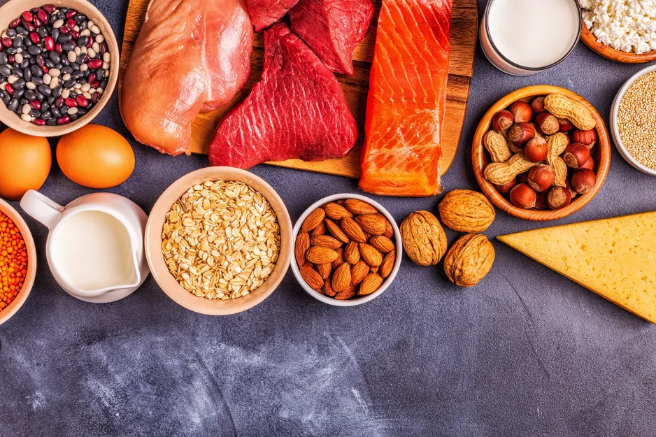 istock image showing various examples of proteins: meats, nuts, dairy, etc.