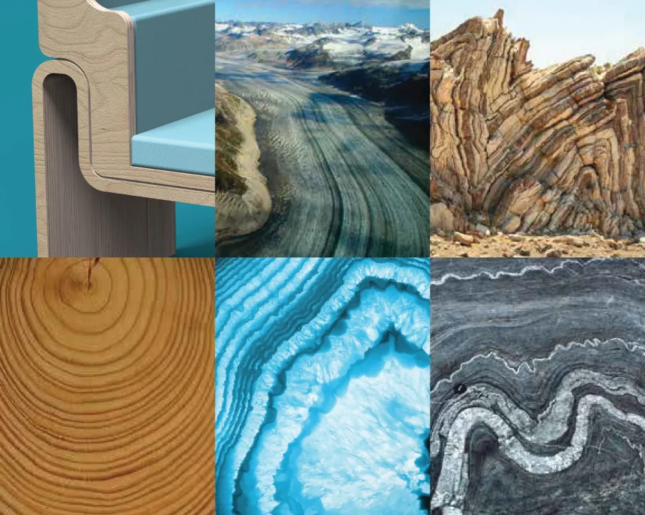 Six images dans des tons de bleu et de brun, illustrant des routes sinueuses, des formations de roches et des grains de bois qui ont inspiré la conception du fauteuil