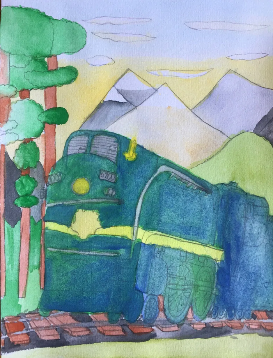 A colourful painting of a large locomotive on a track; mountains and trees are visible in the background.