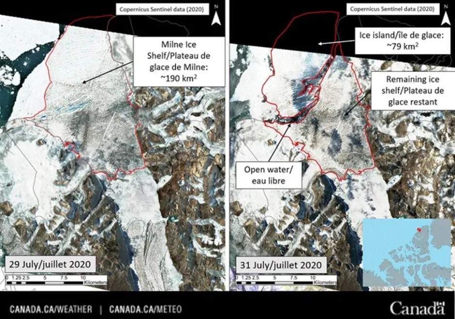 Before and after satellite photos of the Milne Ice Shelf. The before image shows the Milne Ice Shelf occupying an inlet. The after image shows the same ice shelf, but roughly half of it has broken away into two large chunks which are beginning to float away into the ocean. 