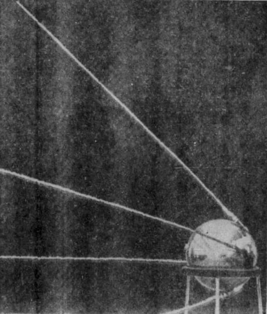 La première photographie officielle du satellite artificiel soviétique Spoutnik I. Anon., « Le ‘bébé-lune’ soviétique. » La Presse, 9 octobre 1957, 1.