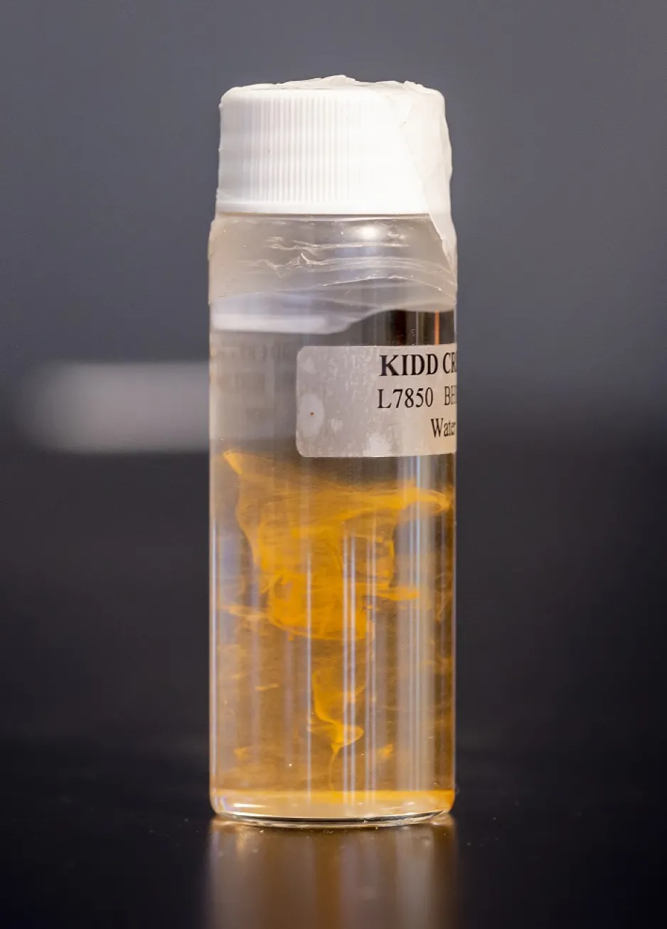 Golden particulate swirls inside a glass bottle with a white stopper.