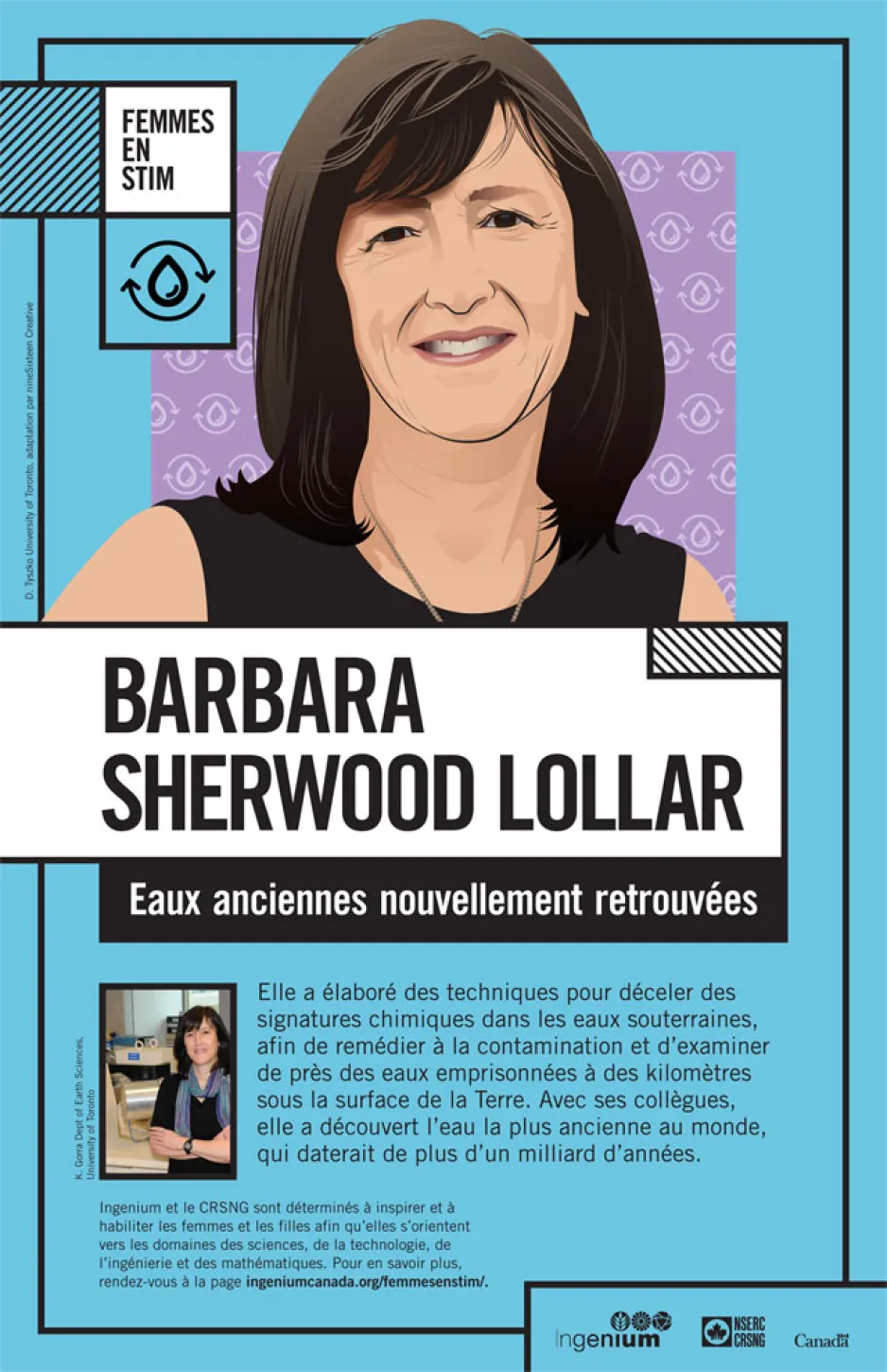 Une image graphique d’une femme, sur fond bleu. Le texte se lit comme suit : « Barbara Sherwood Lollar : Eau ancienne. Nouvelles découvertes ».