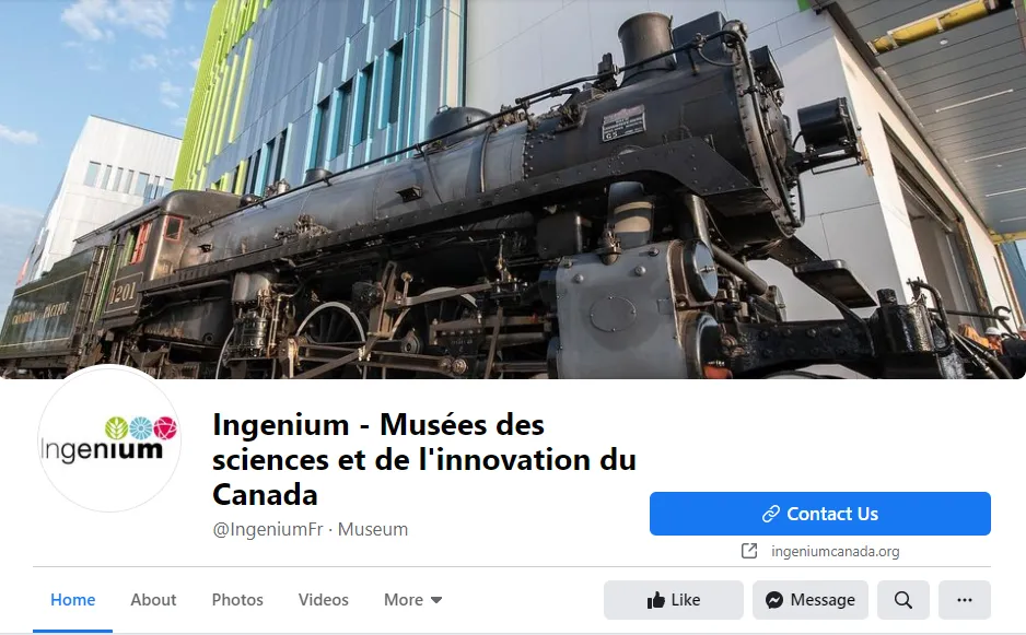 Une capture d'écran de la page Facebook d'Ingenium Canada. L'image d'en-tête montre un gros plan d'une locomotive avec le bâtiment du Centre Ingenium à l'arrière-plan