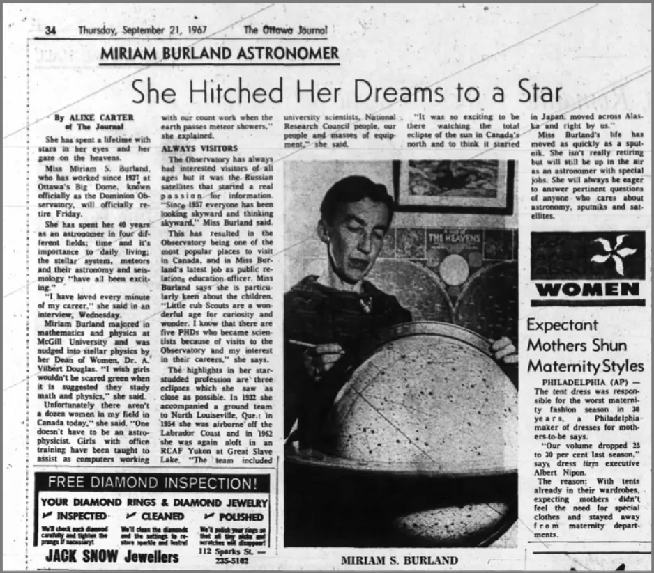 A newspaper article on Mim Burland titled 'She Hitched Her Dream to a Star', Ottawa Journal, 1967.