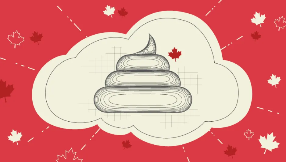 A poo illustration set inside of a cream coloured cloud with a small red maple leaf next to it. The cloud is set against a red background with small red and cream maple leafs.
