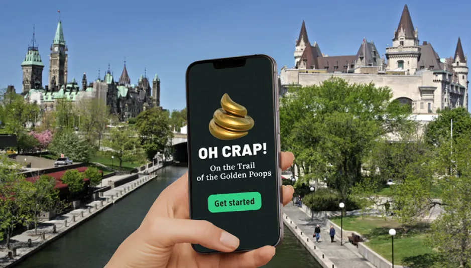 A hand holding up a phone set against the background of the Rideau Canal and the Parliament Buildings. On the phone screen there is a golden poop with the words "Oh Crap!" and "Get Started."