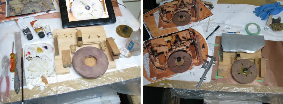 Two photos of progress of the surface control module build. Left shows the control module on a workshop bench in a rough, early state. Right shows the control module in its finished state, ready for installation.