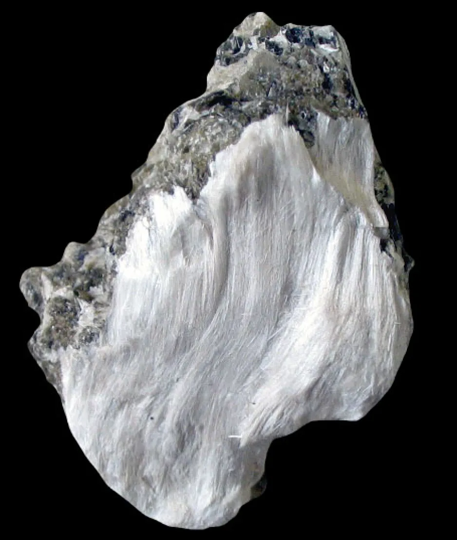 A sample of the mineral muscovite showing a bunch of white, silky asbestos fibres