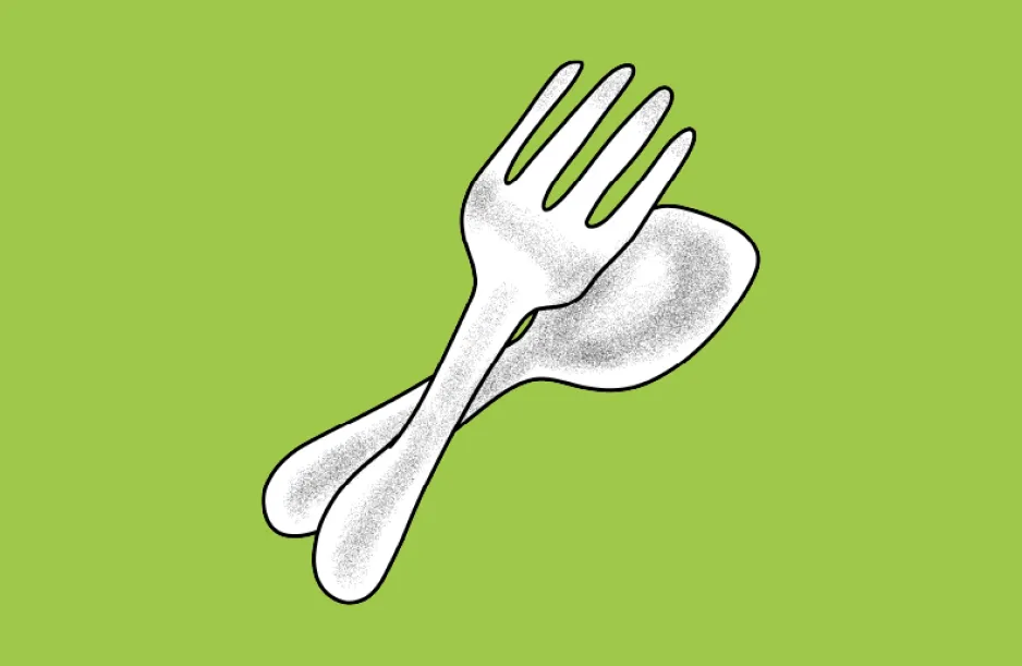 An illustration of a spoon and fork on a green background.