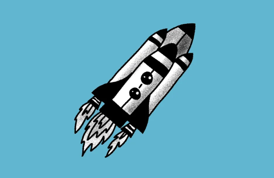 An illustration of a spaceship with fuselage attached blasting off on a blue background.