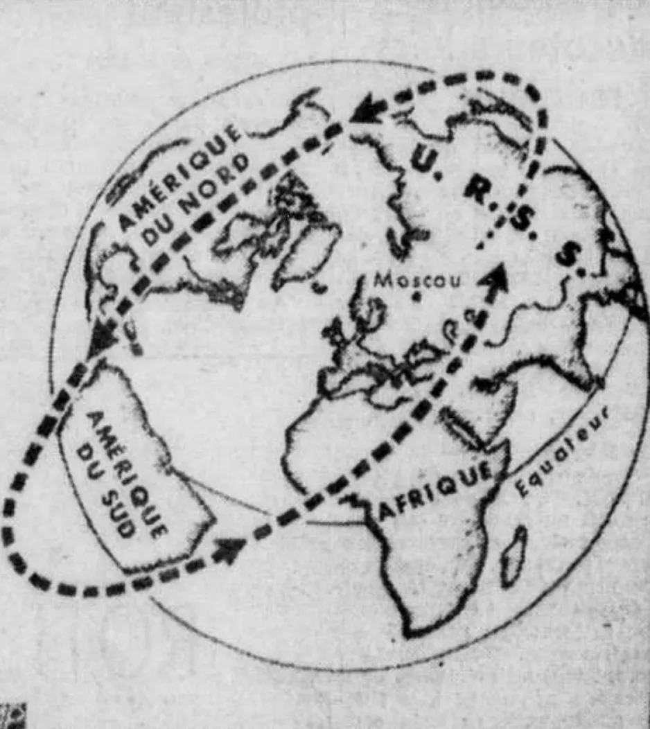 L’orbite suivie, peut-être, par Gagarine lors de son voyage autour de la Terre. Anon., « Le premier homme dans l’espace. » Le Soleil, 12 avril 1961, 2.