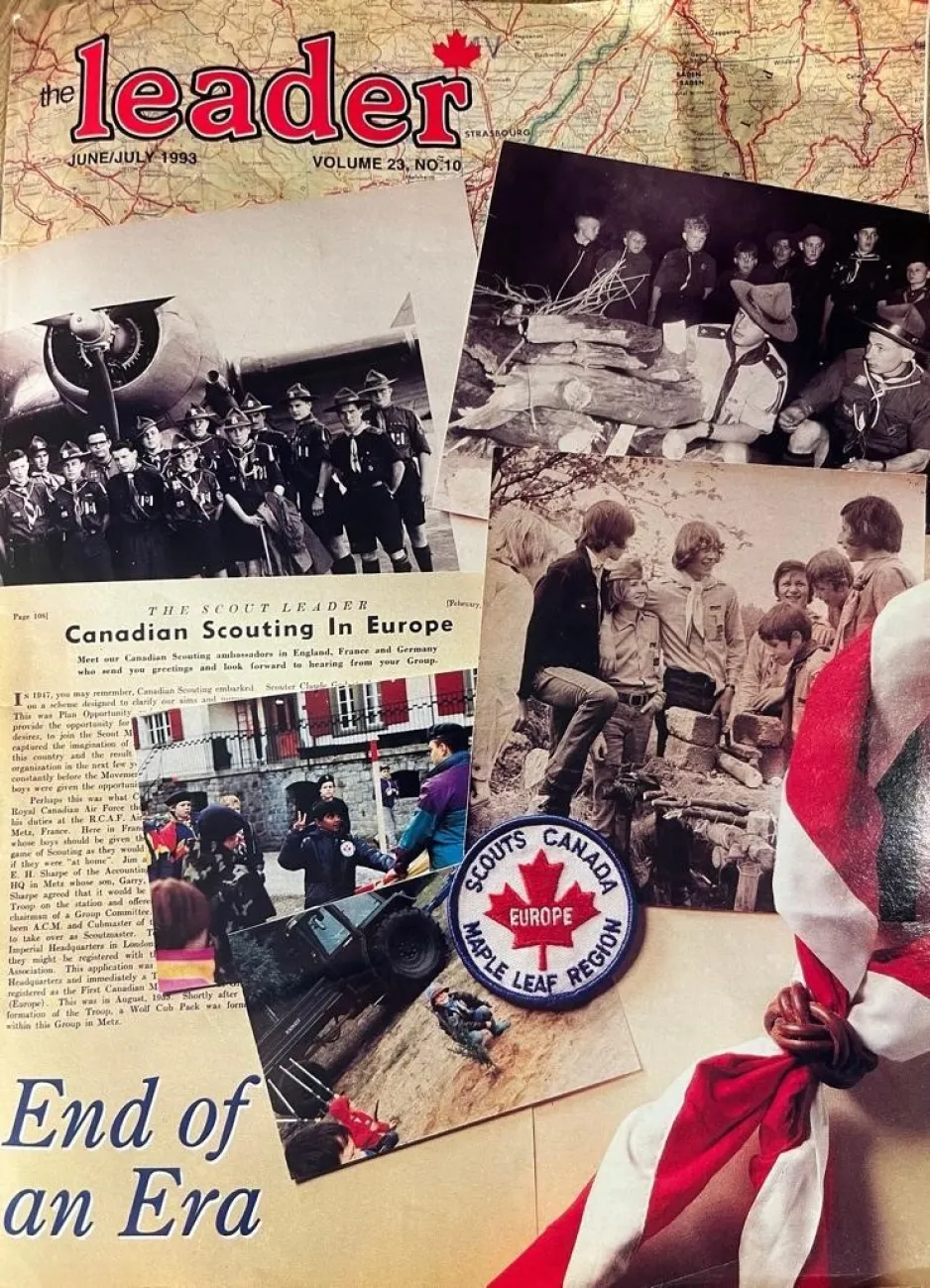 A close-up of a magazine titled "The Leader" showing a collage featuring images of Boy Scouts, a badge, a neckerchief, and a title reading "End of an Era."